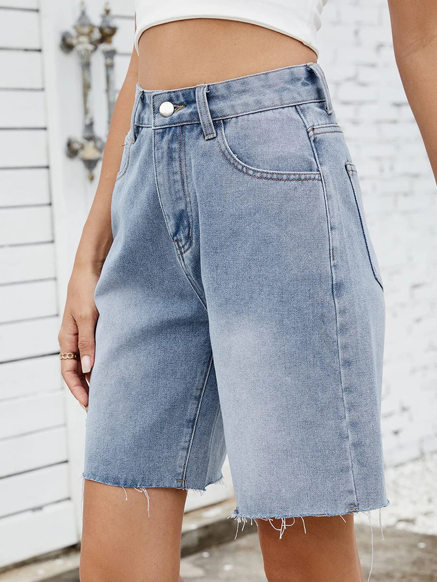 EtherealBe distressed denim shorts for women in light blue with a high waist and frayed hem