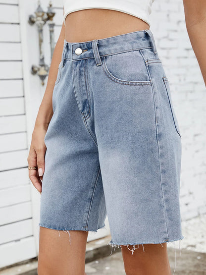EtherealBe distressed denim shorts for women in light blue with a high waist and frayed hem