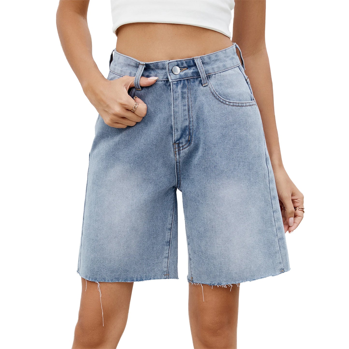 EtherealBe distressed denim shorts for women in light wash with a relaxed fit and frayed hem