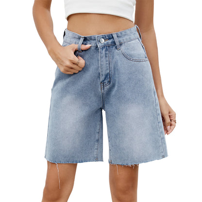 EtherealBe distressed denim shorts for women in light wash with a relaxed fit and frayed hem