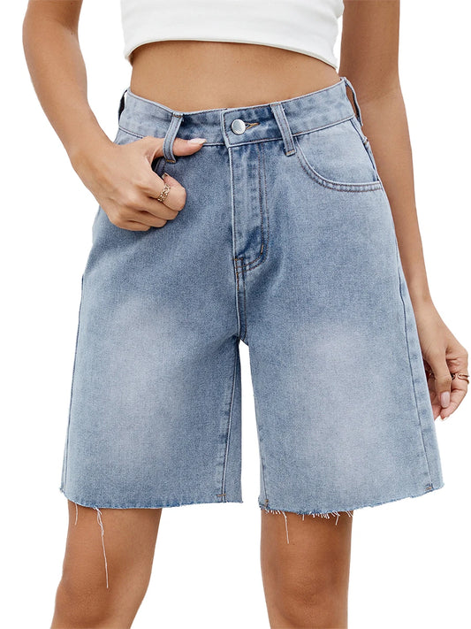 EtherealBe distressed denim shorts for women with a relaxed fit and frayed hemline