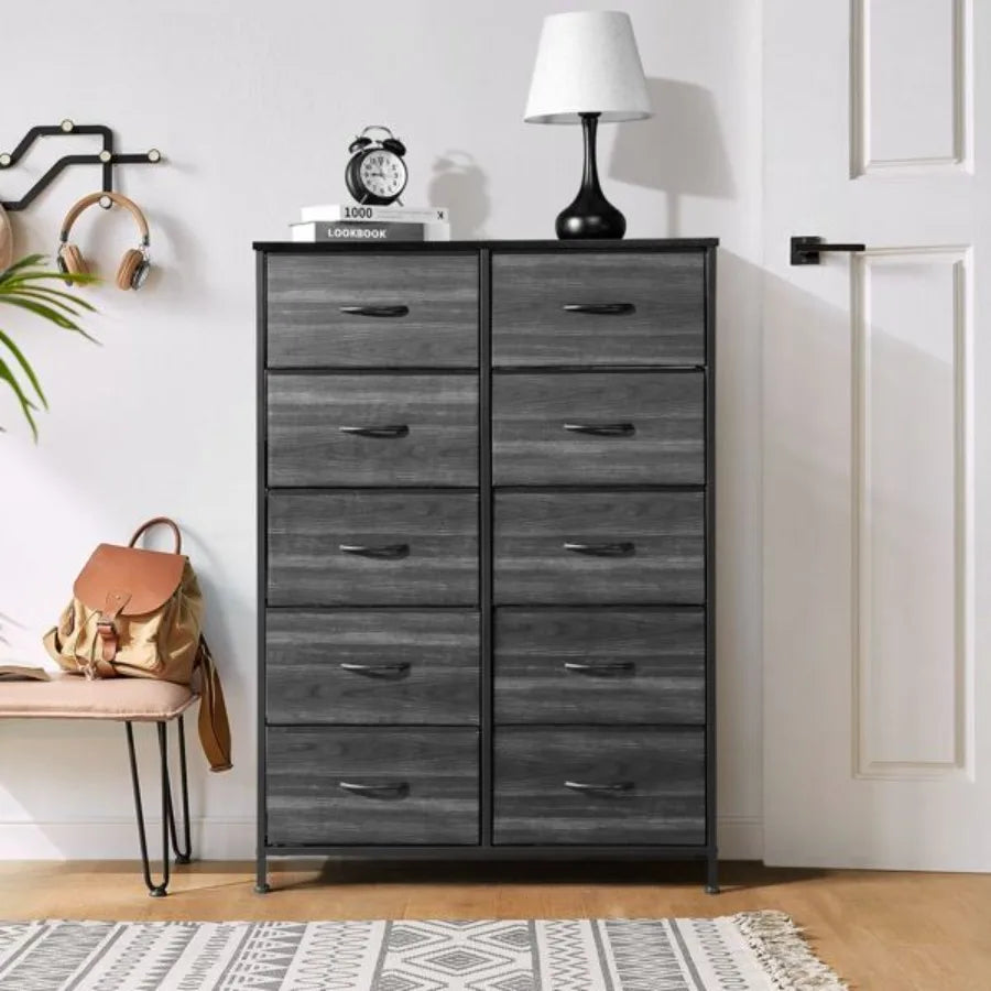 10 drawer storage cabinet in a modern design with gray finish and sleek metal handles