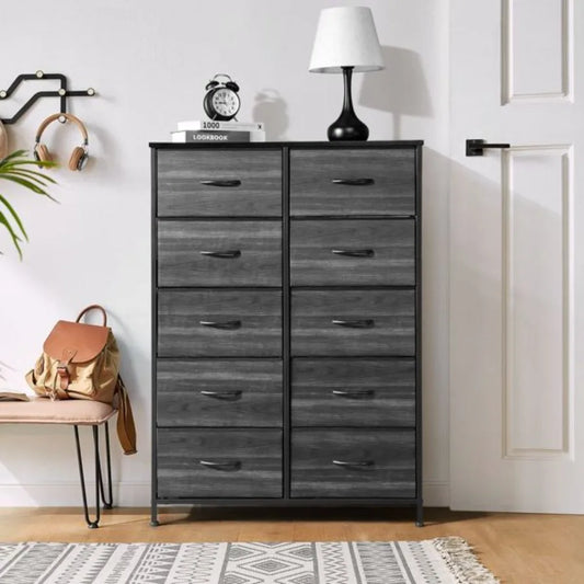 10 drawer storage cabinet in a modern design with gray finish and sleek metal handles