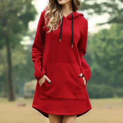 EtherealBe red drawstring hooded dress with pockets for casual outdoor wear