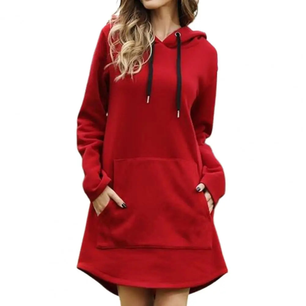 EtherealBe red drawstring hooded dress with pockets for casual comfort and style