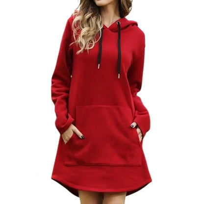 EtherealBe red drawstring hooded dress with pockets for casual comfort and style