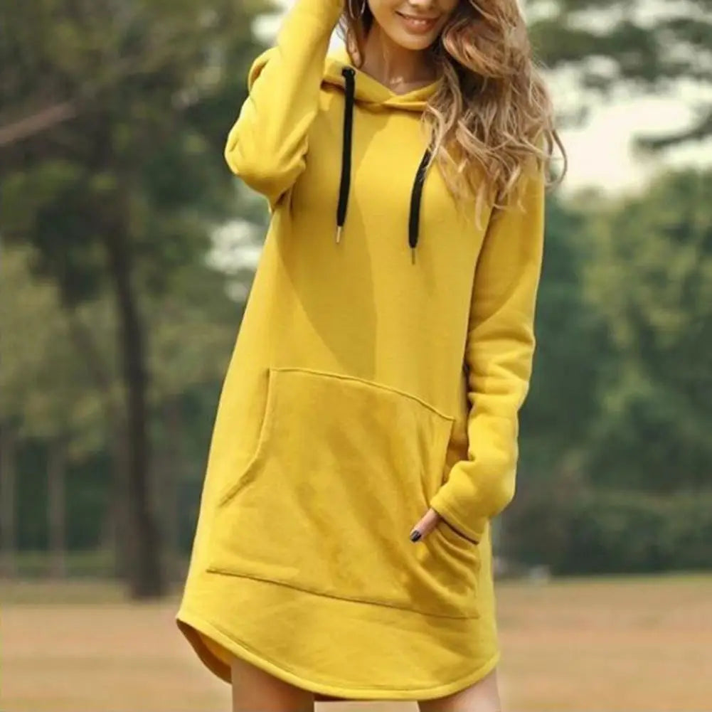 Trendy yellow drawstring hooded dress with pockets for casual outings and everyday wear