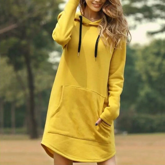 Trendy yellow drawstring hooded dress with pockets for casual outings and everyday wear