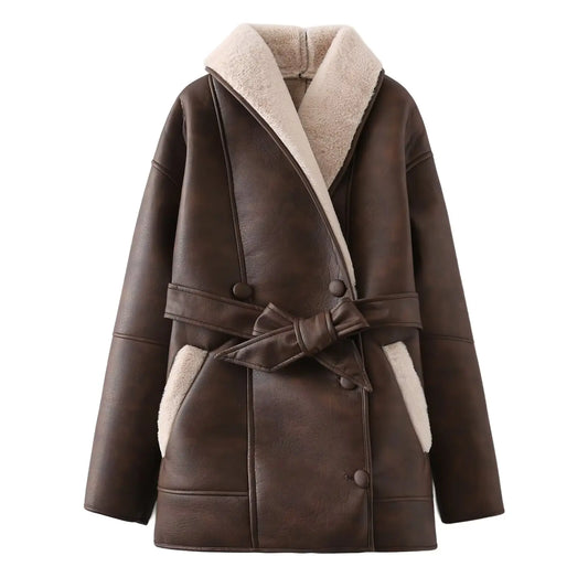 EtherealBe dual color belted faux fur jacket for women with a stylish design and cozy fabric