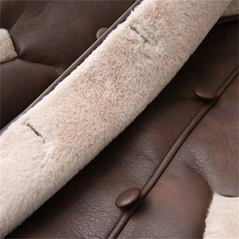Close-up of dual color belted faux fur jacket for women showing soft texture and button details