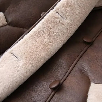 Close-up of dual color belted faux fur jacket for women showing soft texture and button details