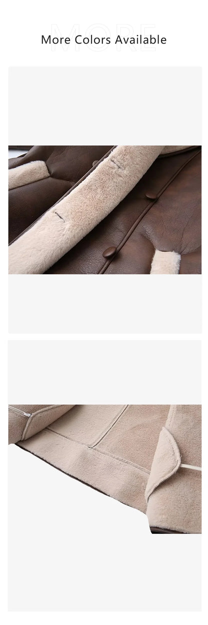 Close-up of dual color belted faux fur jacket for women showcasing soft lining and stylish design
