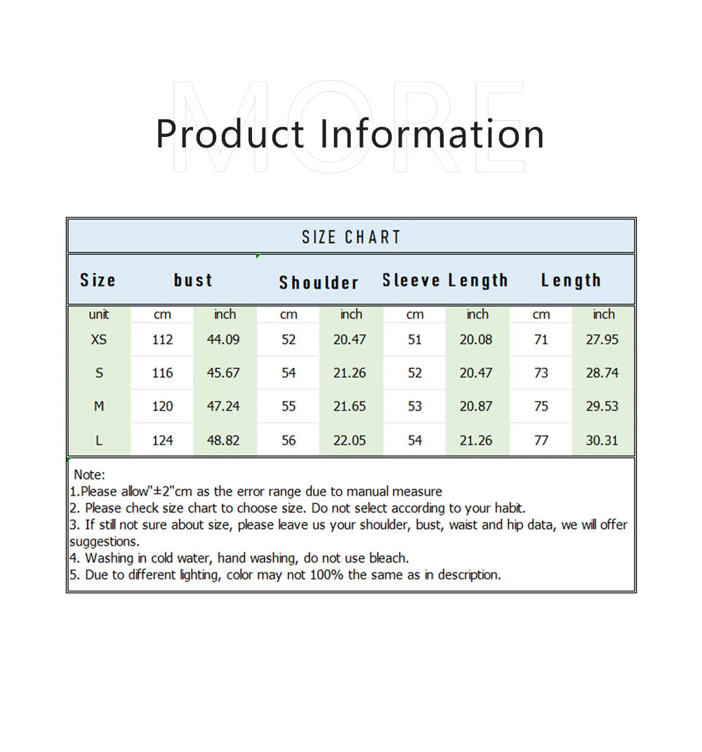 Size chart for EtherealBe dual color belted faux fur jacket for women including measurements for bust and length