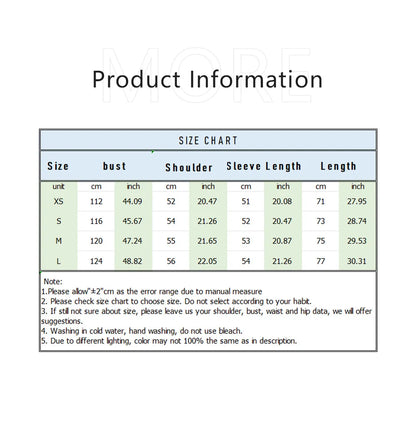 Size chart for EtherealBe dual color belted faux fur jacket for women including measurements for bust and length