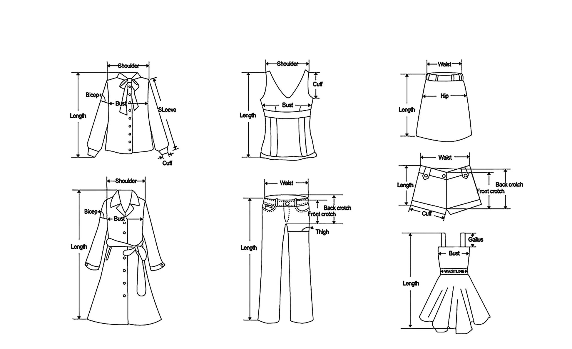 Size chart illustration for dual color belted faux fur jacket for women and various clothing styles