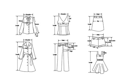 Size chart illustration for dual color belted faux fur jacket for women and various clothing styles