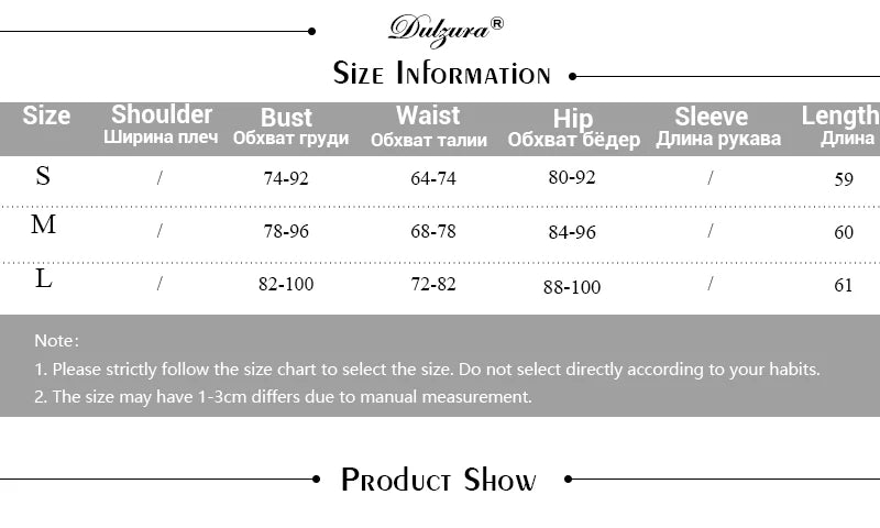 Dulzura size chart for bodycon romper for women showing S M L bust waist hip and length measurements