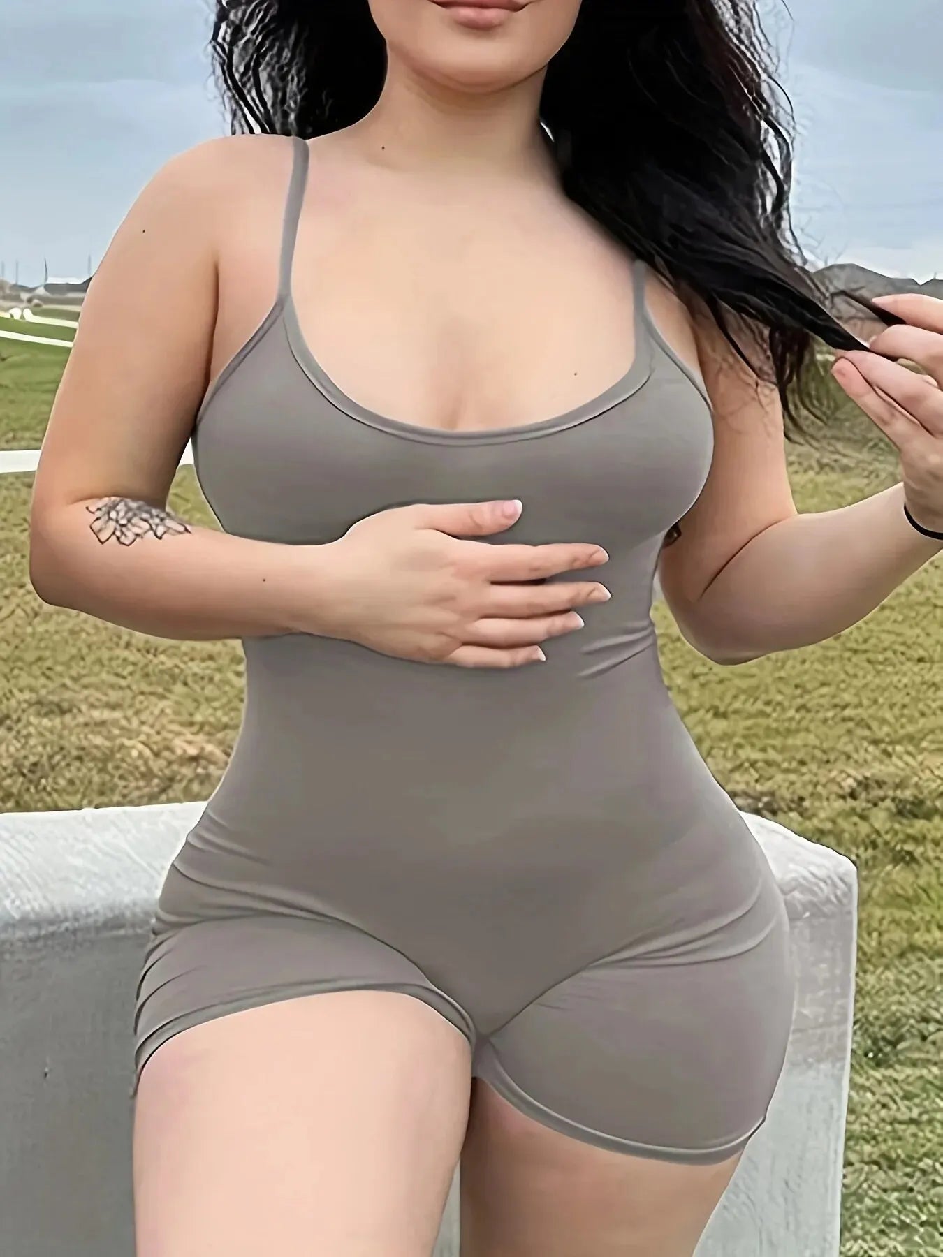 Taupe scoop neck spaghetti strap bodycon romper for women in stretchy fitted short length ideal for casual summer