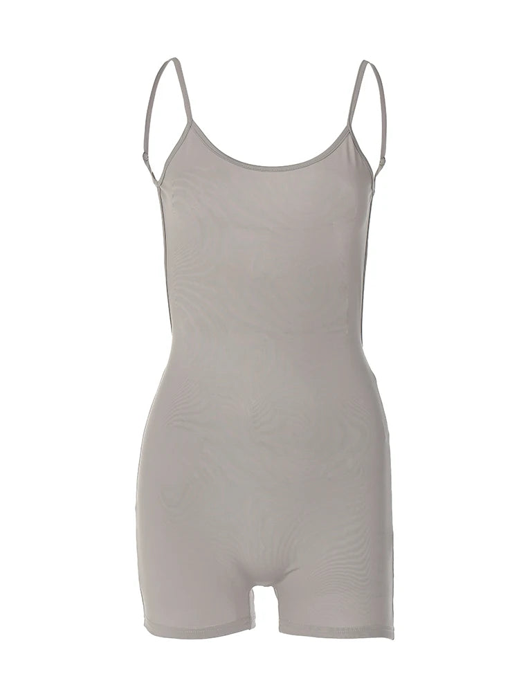 EtherealBe taupe scoop neck bodycon romper for women with spaghetti straps and fitted short silhouette
