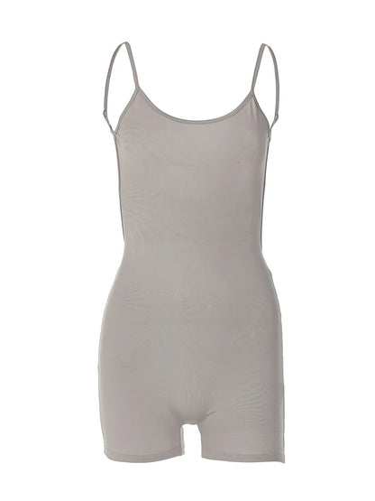 EtherealBe taupe scoop neck bodycon romper for women with spaghetti straps and fitted short silhouette