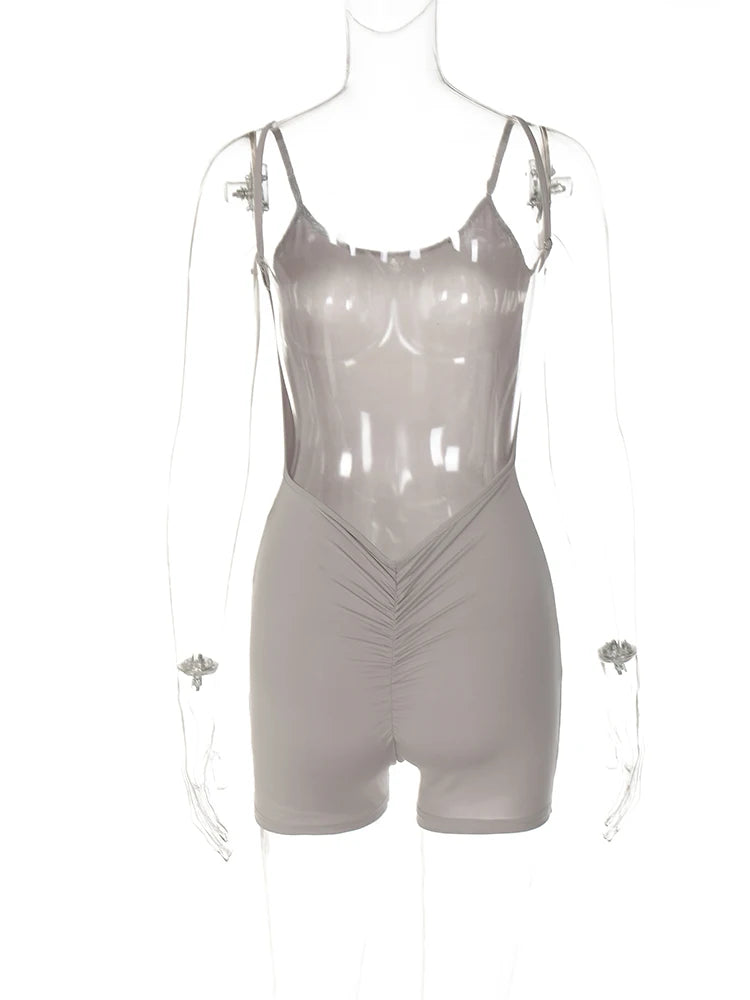 EtherealBe taupe ruched spaghetti strap bodycon romper for women with fitted short length and stretch fabric