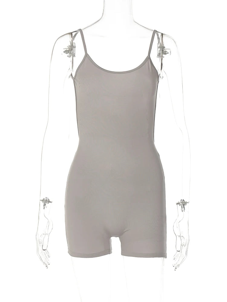 EtherealBe grey sleeveless fitted bodycon romper for women with spaghetti straps and short legs