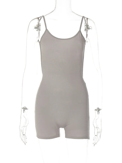 EtherealBe grey sleeveless fitted bodycon romper for women with spaghetti straps and short legs