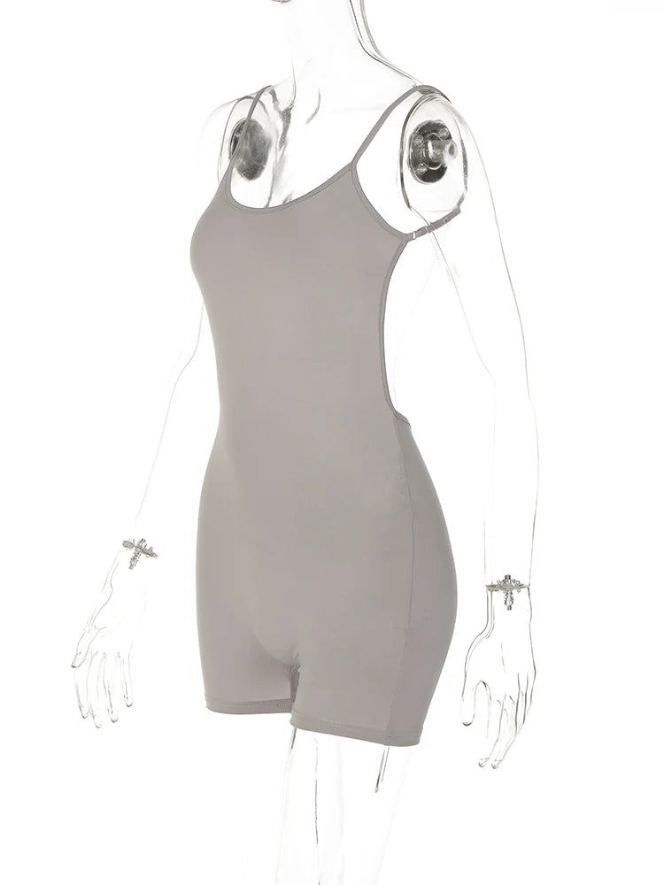 EtherealBe taupe scoop neck sleeveless bodycon romper for women with spaghetti straps and fitted shorts