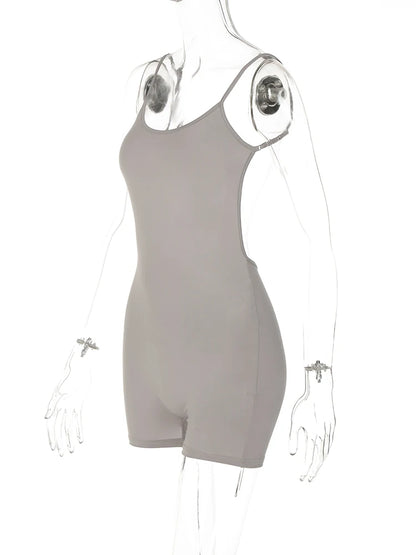 EtherealBe taupe scoop neck sleeveless bodycon romper for women with spaghetti straps and fitted shorts