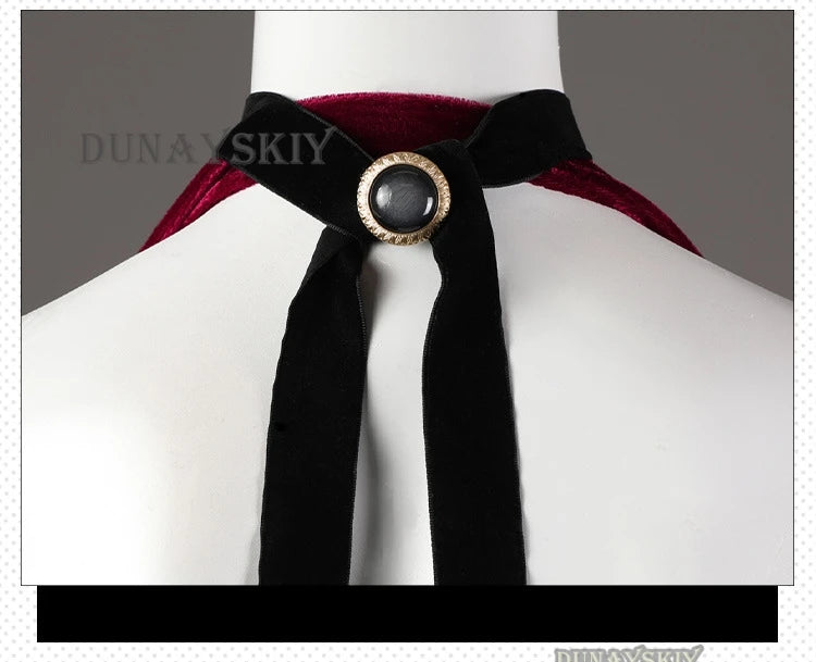 Back view of Resident Evil Ada Wong cosplay costume with velvet detailing and decorative button