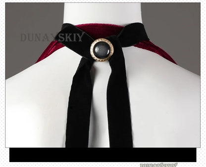 Back view of Resident Evil Ada Wong cosplay costume with velvet detailing and decorative button