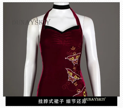 EtherealBe Resident Evil Ada Wong cosplay costume in burgundy with intricate butterfly designs