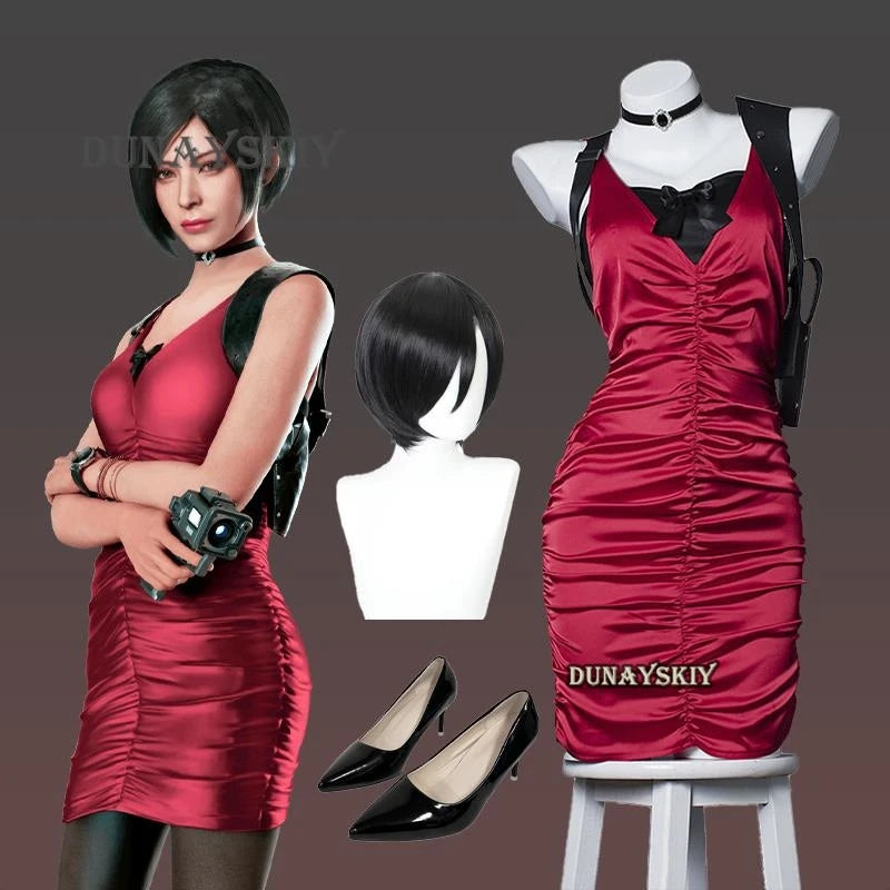 Resident Evil Ada Wong cosplay costume featuring a red dress, wig, and accessories for gamers