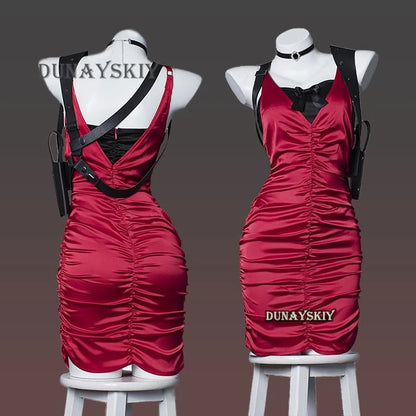EtherealBe Resident Evil Ada Wong cosplay costume featuring a red fitted dress and black accessories