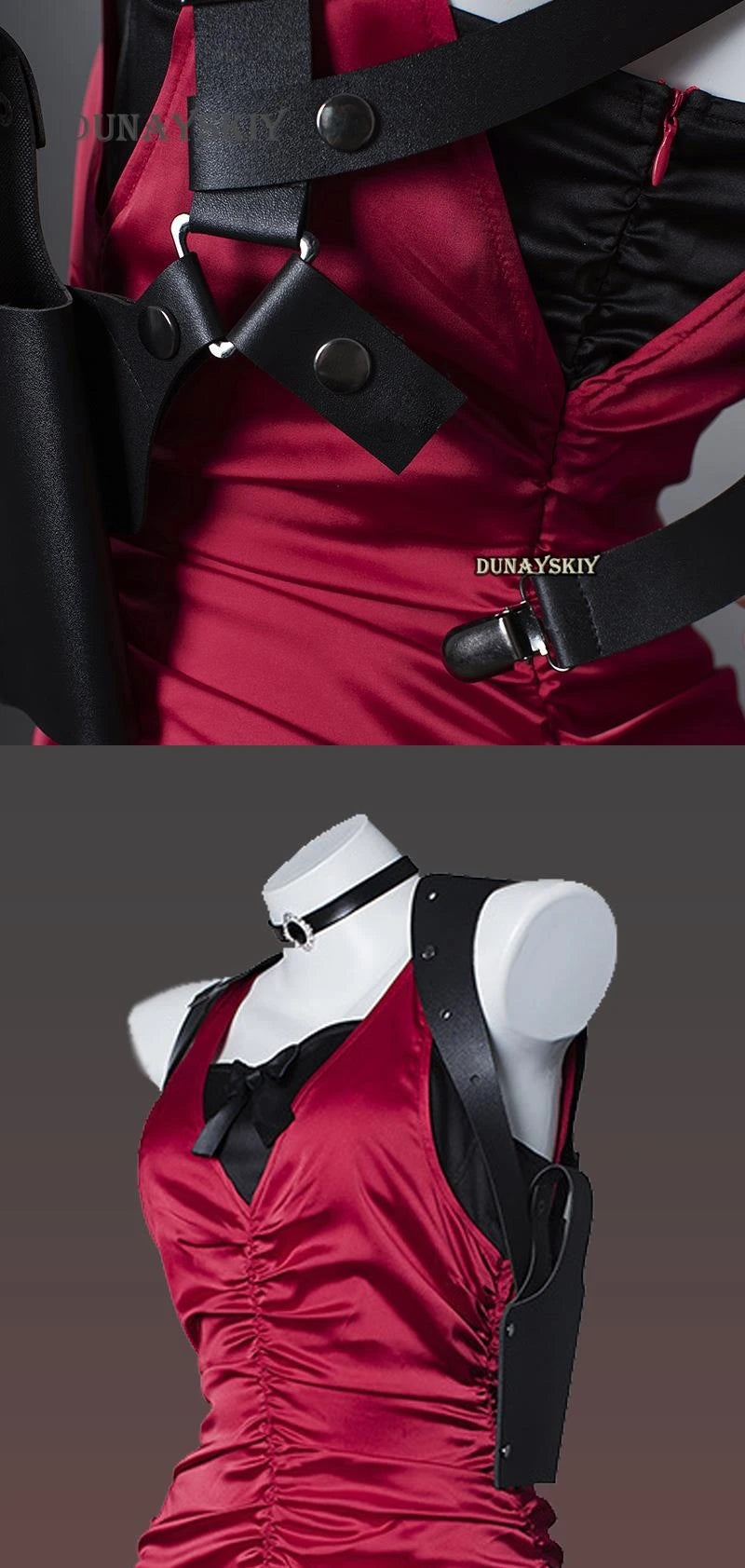 Close-up of Resident Evil Ada Wong cosplay costume showcasing red satin dress and black leather straps