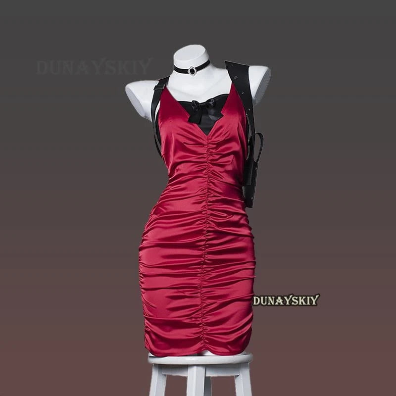 Resident Evil Ada Wong cosplay costume in red satin with sleek design and accessories
