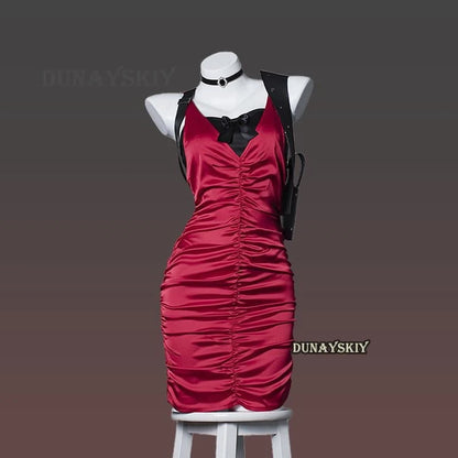 Resident Evil Ada Wong cosplay costume in red satin with sleek design and accessories