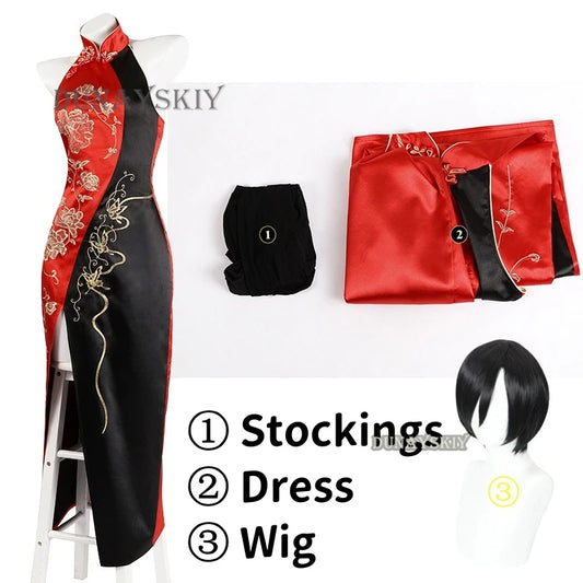 EtherealBe Resident Evil Ada Wong cosplay costume featuring a red and black dress, stockings, and wig
