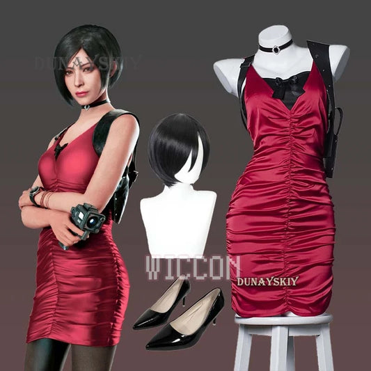 Resident Evil Ada Wong cosplay costume featuring a red dress and accessories for gamers and fans