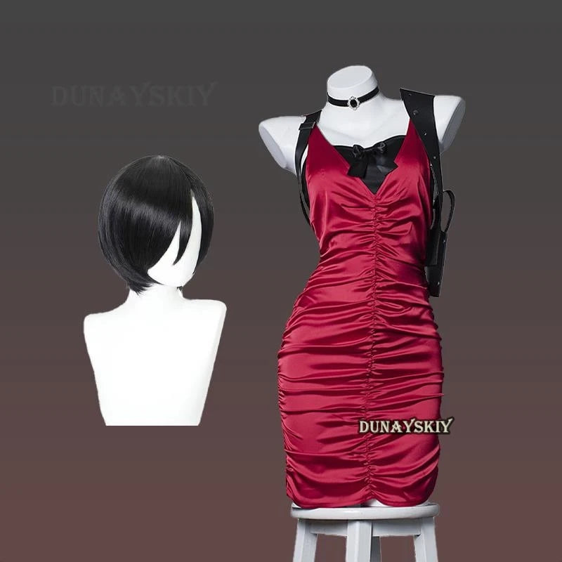 Resident Evil Ada Wong cosplay costume featuring a red dress, wig, and accessories for fans