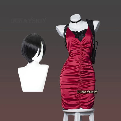 Resident Evil Ada Wong cosplay costume featuring a red dress, wig, and accessories for fans