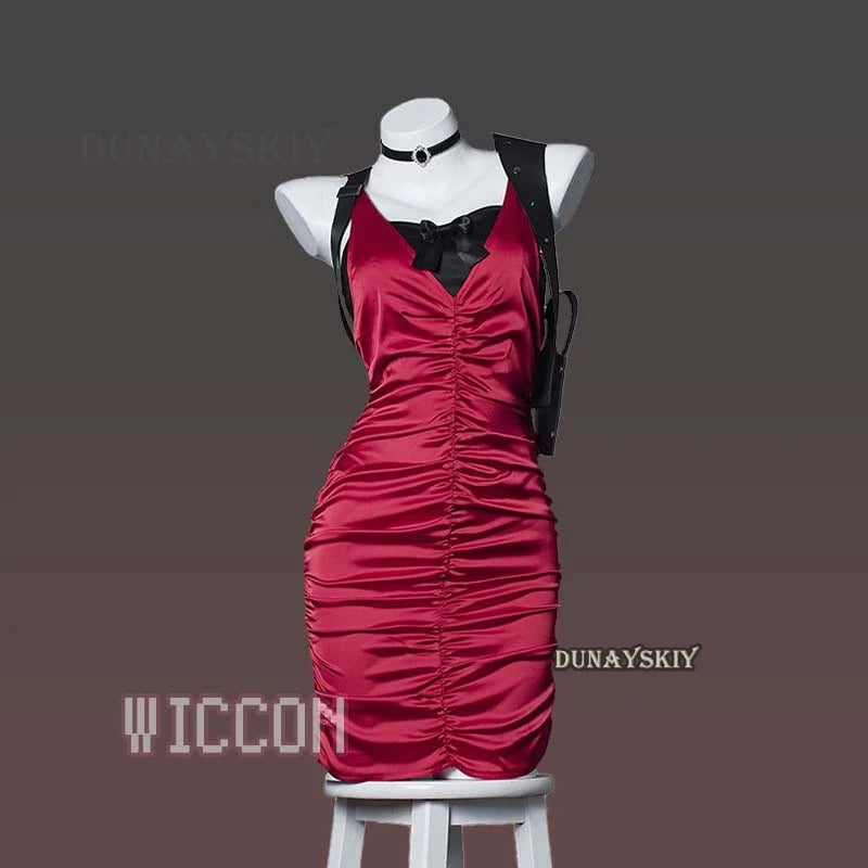 EtherealBe Resident Evil Ada Wong cosplay costume featuring a red satin dress with ruching and a black bow