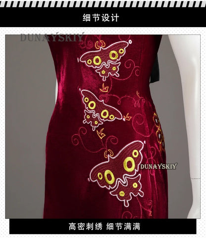 EtherealBe Resident Evil Ada Wong cosplay costume featuring intricate butterfly embroidery in a rich burgundy color