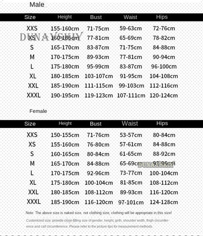Size chart for Resident Evil Ada Wong cosplay costume with measurements for various sizes