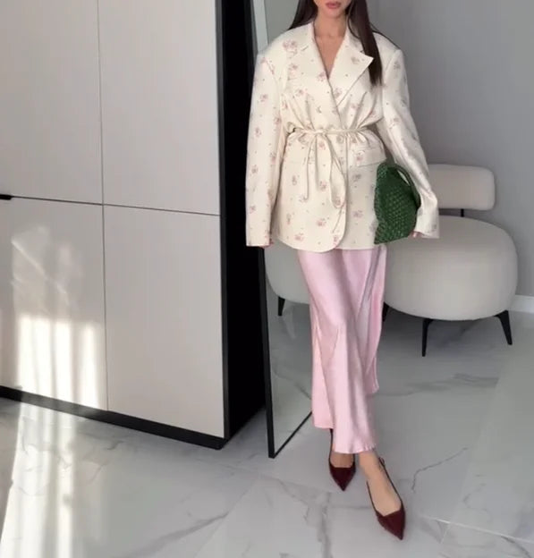 EtherealBe elegant casual blazer for women styled with pink pants and a green clutch
