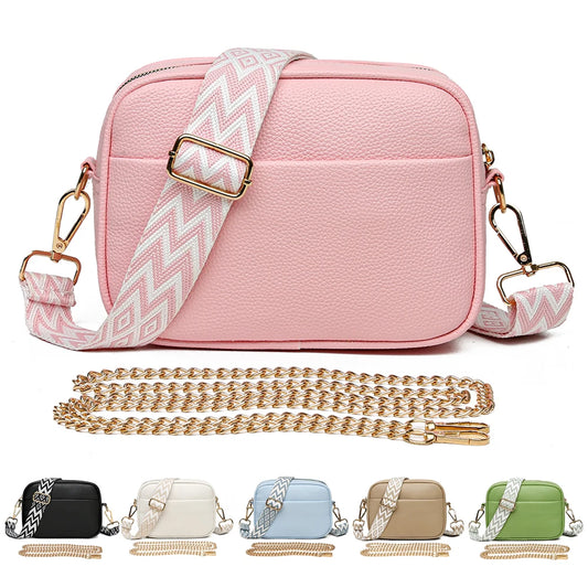 EtherealBe elegant designer crossbody purse in pink with stylish strap and gold chain options