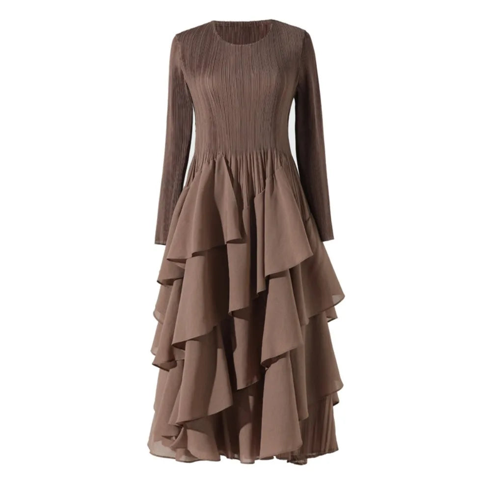 EtherealBe elegant layered ruffle cake dress in brown with long sleeves and a flowing design