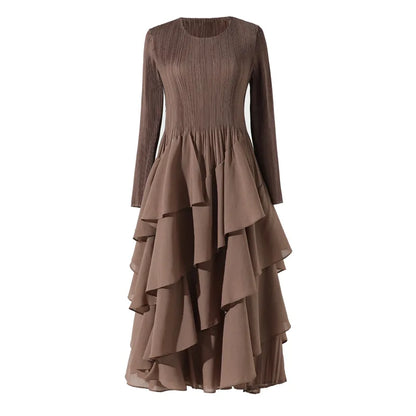 EtherealBe Elegant Layered Ruffle Cake Dress in Brown with Long Sleeves and Flowing Layers