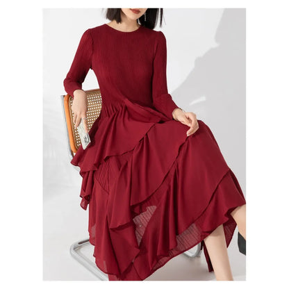EtherealBe elegant layered ruffle cake dress in burgundy with stylish long sleeves and flowy silhouette