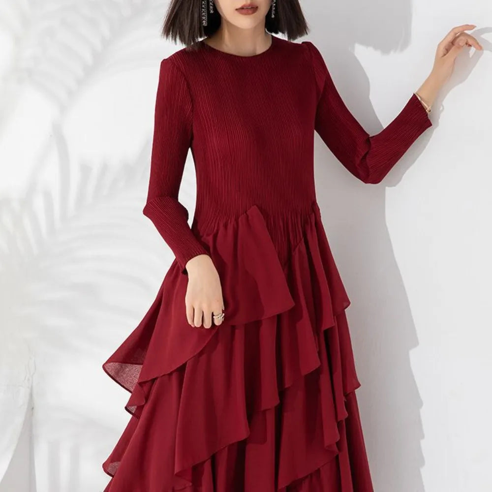 EtherealBe elegant layered ruffle cake dress in burgundy with long sleeves and textured fabric